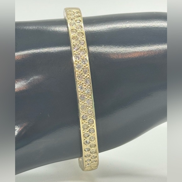 Gold Tone Pave Crystal Hinged Bangle Bracelet Made with Swarovski Crystals - Picture 6 of 11